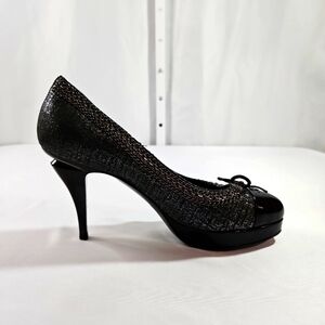 Chanel Black/Silver Suede & Black Patent Leather Platform Heels